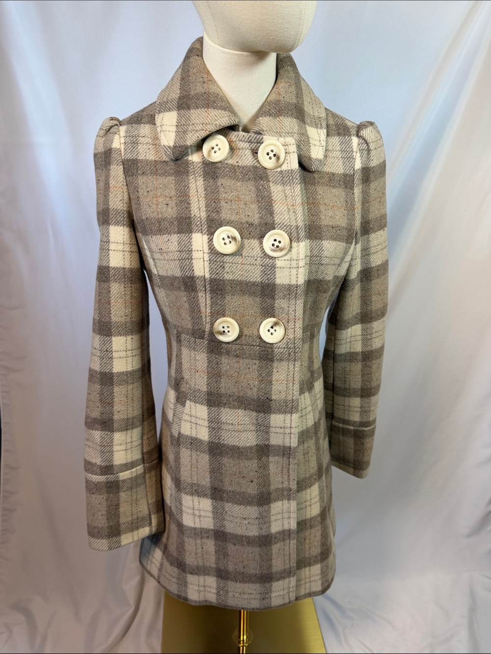 American Rag Plaid Double-Breasted Peacoat in Beige and Cream 59% wool